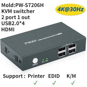 MERHOVO - KVM-schakelaar USB 2.0 - 4K - Voor Toetsenbord-Muisprinter - 4 Apparaten