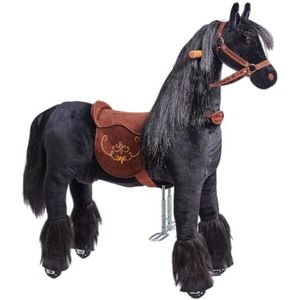 PONNIE Rijpaard met wielen speelpaard om te rijden met afneembaar roze zadel en halster met hoofdstel, kambare manen en staart, pluche paard (Ebony, M (5-12 Jahre))