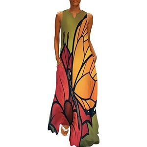 Monarch vlinder en bloem dames enkellengte jurk slim fit mouwloze maxi-jurken casual zonnejurk 3XL