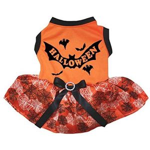 Petitebelle Halloween Bat Oranje Shirt Cobweb Tutu Puppy Hond Jurk, Large, ORANJE