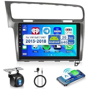 Podofo Autoradio voor VW Golf 7 MK7 2013-2018 Carplay Wireless Radio 2 DIN Android met 10,1 inch display HiFi FM/RDS autoradio met achteruitrijcamera AHD + dubbele USB-kabel