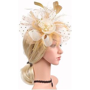 Vintage vrouwen veer bloem fascinator hoed, dames haaraccessoires bruiloft feest bloemen mesh sluier hoofdband haarspeld (kleur: goud en ivoor, maat: 1)