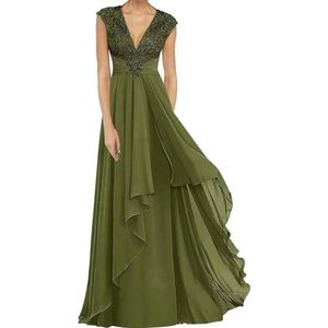 Dames chiffon moeder van de bruid jurk plooien Avond Prom jurken Cocktail Jurken Plus Size, Olijf, 32