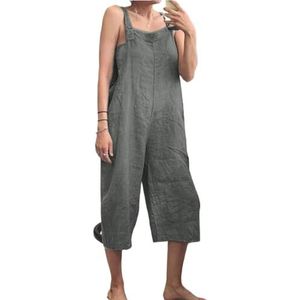 BANGHA Jumpsuits Voor Vrouwen Zomer Casual Effen Kleur Vrouwen Losse Katoen Linnen Jumpsuit Mouwloze Harem Overalls Jumpsuits Losse Vintage Broek Femme Kleding, Grijs, XXL