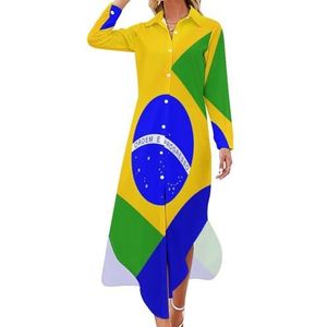 Braziliaanse vlag dames maxi-jurk lange mouwen knopen overhemd jurk casual feest lange jurken XL