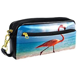 Kleine make-uptas voor dames,lederen make-uptasje,cosmetische reistas,Flamingo's op het strand Afdrukken