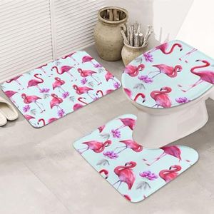 OPSREY Roze flamingo's bedrukte zachte antislip badkamermat badkamertapijt set van 3 - silhouetmat + toilethoes + badmat