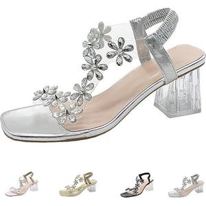 Dames sandalen met blokhak en strass steentjes, dames sandalen met blokhak en strass steentjes, kristal dikke vierkante teen hoge hak(Silver,37 EU)