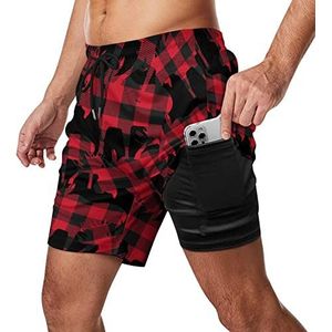 Buffalo Plaid Moose Zwembroek voor heren, sneldrogend, 2-in-1, strandsportshorts met compressieliner en zak