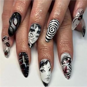 Horror Manga Tomie Press Nails Amandelglans Zwart Anime Nails Herbruikbare Halloween Kunstnagels Geschikt for Meisjes(A556,XS)