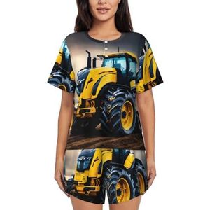 YJxoZH Bedrijf Boerderij Tractor Print Womens Zomer Pyjama Sets Nachtkleding Dames Korte Mouw Nachtkleding Pjs Lounge Met Zakken, Zwart, L