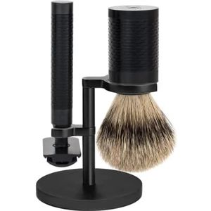 Mühle S091m96jet Scheerset ""ROCCA"", 3-delig, scheermesje en scheerborstelhouder van roestvrij staal, DLC-coating, zwart