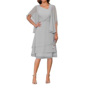 2 Stuks Moeder van de Bruid Jurk voor Bruiloft 3/4 Mouwen Chiffon Avond Prom Jassen met Jas, Zilver, 32
