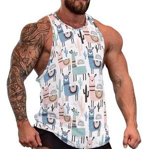 Alpaca met lama cactus tanktop voor heren, grafische mouwloze bodybuilding-T-shirts, casual strand-T-shirt, grappig sportschool-spierweefsel