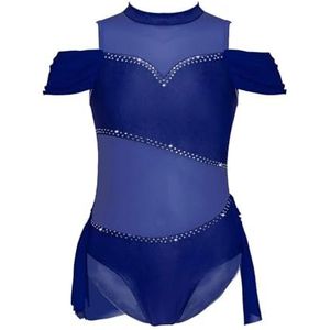 NUOYIXUAN Danskostuum voor kinderen met holle rug en glanzende strass steentjes, gymnastiekbody voor meisjes, gymnastiekpak voor ballet, show-kleding (donkerblauw, 16)