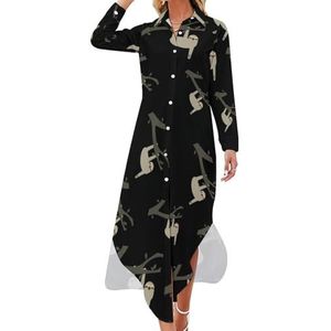 Luiaard Climb Tree Maxi-jurk voor dames, lange mouwen, knoopsluiting, casual party, lange jurk, 3XL