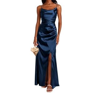Lange satijnen bruidsmeisjesjurk voor dames met split, ronde hals, ruches zeemeermin galajurk, formele jurk, Donkerblauw, 32