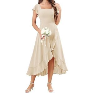 HPPEE Flutter Mouw Chiffon Bruidsmeisjesjurken voor Vrouwen Vierkante Hals Korte Avond Formele Jurk, Champagne, 32