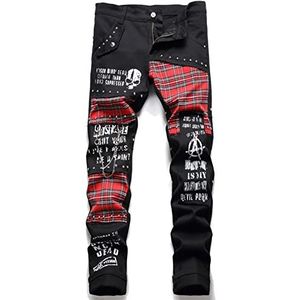 Heren Schotland Plaid Patchwork Jeans Punk Klinknagel Patch Denim Broek Trendy Schedel Letters Gedrukte Slanke Rechte Broek,zwart,34