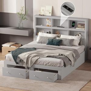 VSOGA 160 x 200 cm tweepersoonsbed, massief hout, kingsize platformbed met twee laden aan het voeteneinde van het bed, hoofdeinde met opbergruimte, grijs