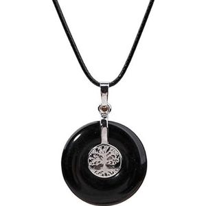 Women Natural Stones Leather Necklace Roud Tree Of Life Charm Stone Pendant Necklace Fashion Women Male Yoga Jewelry (Color : Black Agate)