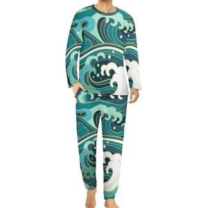 Japanse cartoon zee golven comfortabele heren pyjama set ronde hals lange mouw loungewear met zakken S
