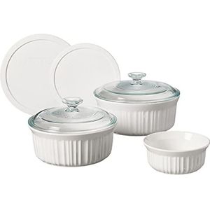 CorningWare Franse witte 7-pc keramische bakvormen set met deksels, chip- en scheurbestendige steengoed bakschaal, magnetron, vaatwasser, oven, vriezer en koelkast veilig