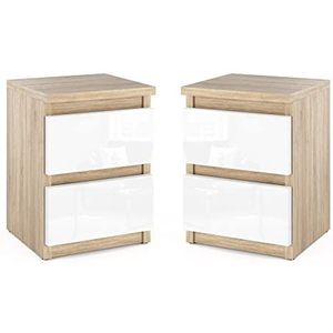 MRBLS Nachtkastje, set van 2 stuks, moderne meubels met laden, commode van hout, ladekast voor je slaapkamer (sonoma - wit glanzend) - 30 x 40 x 30 cm (B x H x D)
