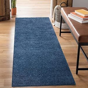 carpet city Shaggy hoogpolig tapijt - loper 80x300 cm - blauw - langpolig gangtapijt - effen modern - pluizig zachte tapijten slaapkamer decoratie