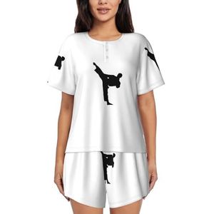 RIVETECH Taekwondo Martial Arts Print Dames Pyjama Set Korte Mouwen - Comfortabele Korte Sets Mouwen Nachtkleding Met Zakken, Zwart, L