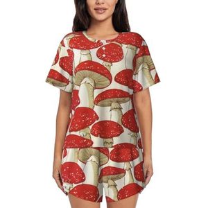 JIAWUJYNB Rood-witte pyjamaset met paddenstoelenprint voor dames met korte mouwen - comfortabele korte sets, nachtkleding met zakken, Zwart, M