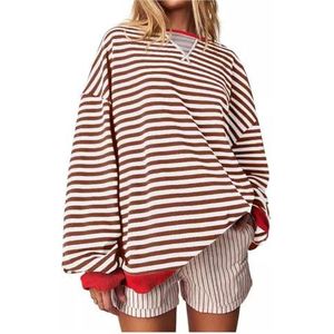 Gestreepte trui Dames Oversized gestreept sweatshirt Kleurblok Sweatshirt met lange mouwen en ronde hals Los truishirt (Color : Red, Size : XL)