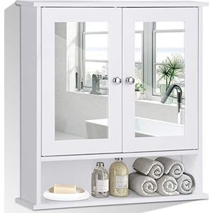 Costway Spiegelkast, badkamerkast met spiegel, wit, badkamerspiegel met legplank, hangkast, badkamerspiegelkast, 58,5 x 56,5 x 13,5 cm