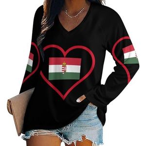 I Love Hongarije Rood Hart Dames Lange Mouw V-hals T-shirts Herfst Tops Trui Tuniek Tee voor Leggings