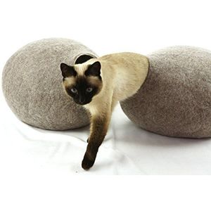 kivikis Cat Bed, cat House, cat cave. Size L. Natural Felted Sheep Wool. Made by (Sand Brown)