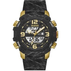 GUESS Horloge voor mannen, Quartz uurwerk, analoog-digitaal display, zwarte siliconen band-GW0421G2, Gouden toon, riem