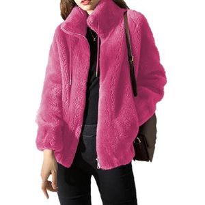 DJFOG Gewatteerde jas opstaande kraag Dubbelzijdige fleece jas, Vrouwen Faux Fur Coat Fuzzy Bont Jacket, Mode Thermische Jas, Roos, M