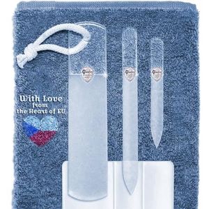 Echte Tsjechische glazen nagelvijlset - eeltverwijderaar voetrasp, manicure en pedicure, professionele nagelverzorging en kunst, dubbelzijdig geëtst verschillend grit oppervlak, katoenen handdoek