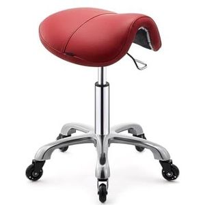Zadelkruk met wieltjes, in hoogte verstelbaar, gevoerde en zachte zitting, rolkruk voor woonkamer, spa, kantoor, medisch en thuis (rood)