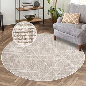 carpet city Laagpolig tapijt voor woonkamer, beige gemêleerd - 120 cm rond - ruitlook - vloerkleden modern, boho voor slaapkamer, eetkamer
