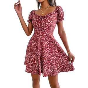 jurken voor dames Ditsy jurk met bloemenprint en knoop aan de voorkant, pofmouwen (Color : rood, Size : XL)