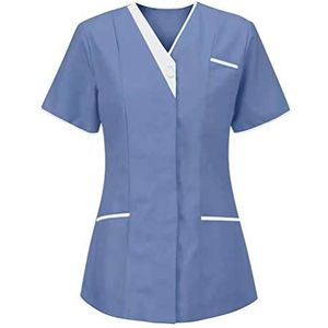 Yiiquanan Vrouwen Gezondheidszorg Tuniek V-hals Ademend Korte Mouw Werken Uniformen Top voor Zorg en Sanitaire Werknemers, Donkerblauw | Stijl #1, L