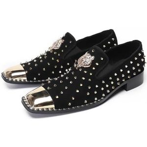 ZZveZZ Zwarte Bruine Metalen Vierkante Neus Herenschoenen Met Studs, Leren Schoenen For De Jeugd, Banket- En Feestschoenen(Black,48 EU)