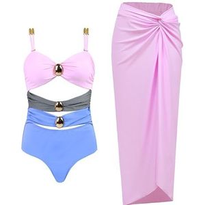 Badpak voor dames, met strandbedekkende wikkelrok, buikcontrole, badjurk voor dames, tweedelig badpak, Roze+Blauw, L