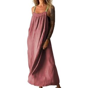 Eenvoudige damesjurk van katoen-linnen, zomer, zacht, casual, effen, maxi, oversized, katoenen linnen jurk, mouwloos, rood, XL