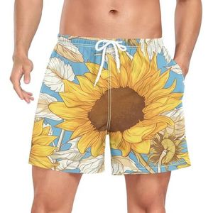 Wzzzsun Gele Europese Bloem Zonnebloem Heren Zwembroek Board Shorts Sneldrogende Trunk met Zakken, Leuke mode, L