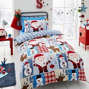 Happy Linen Company Jongens Meisjes Kids Kerst Kerstman Patchwork Blauw Peuter Kinderbed Omkeerbare Dekbedovertrek Beddengoed Set