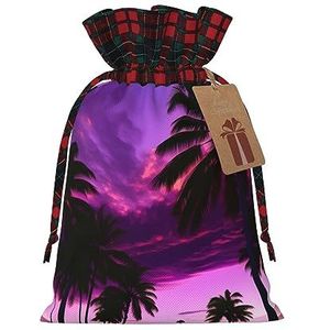 Palmboom paarse zonsondergang herbruikbare geschenktas-trekkoord kerstcadeau tas, perfect voor feestelijke seizoenen, kunst & ambachtelijke tas