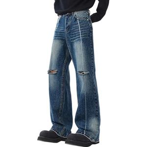 QOUERUUE Heren Jeans met Scheuren Recht Model Regular Fit Modieuze Losse Denim Broek Y2k Streetwear,Blauw,L