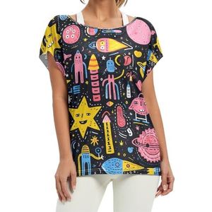 Doodle Art Space Damesshirt met korte vleermuismouwen en ronde hals, losse tops voor meisjes, Patroon, XXL